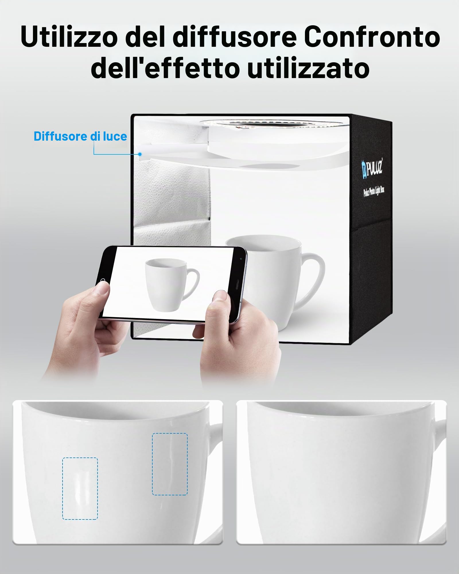 PULUZ Scatola per studio fotografico, 30 x 30 x 30 cm, professionale dimmerabile, kit tenda da tiro con CRI≥97, illuminazione bianca, 120 luci LED + 8 sfondi fotografici per fotografia di prodotto