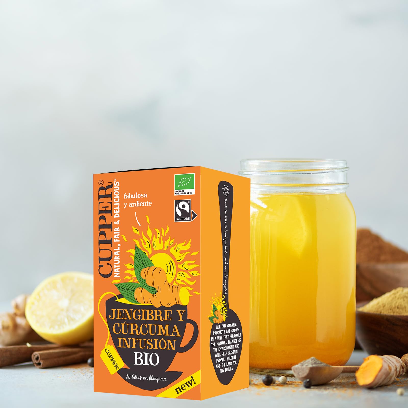 Cupper Infusión de Jengibre y Cúrcuma BIO Pack 4 Cajas 20 Bolsitas Ecológicas Antioxidante Vegano