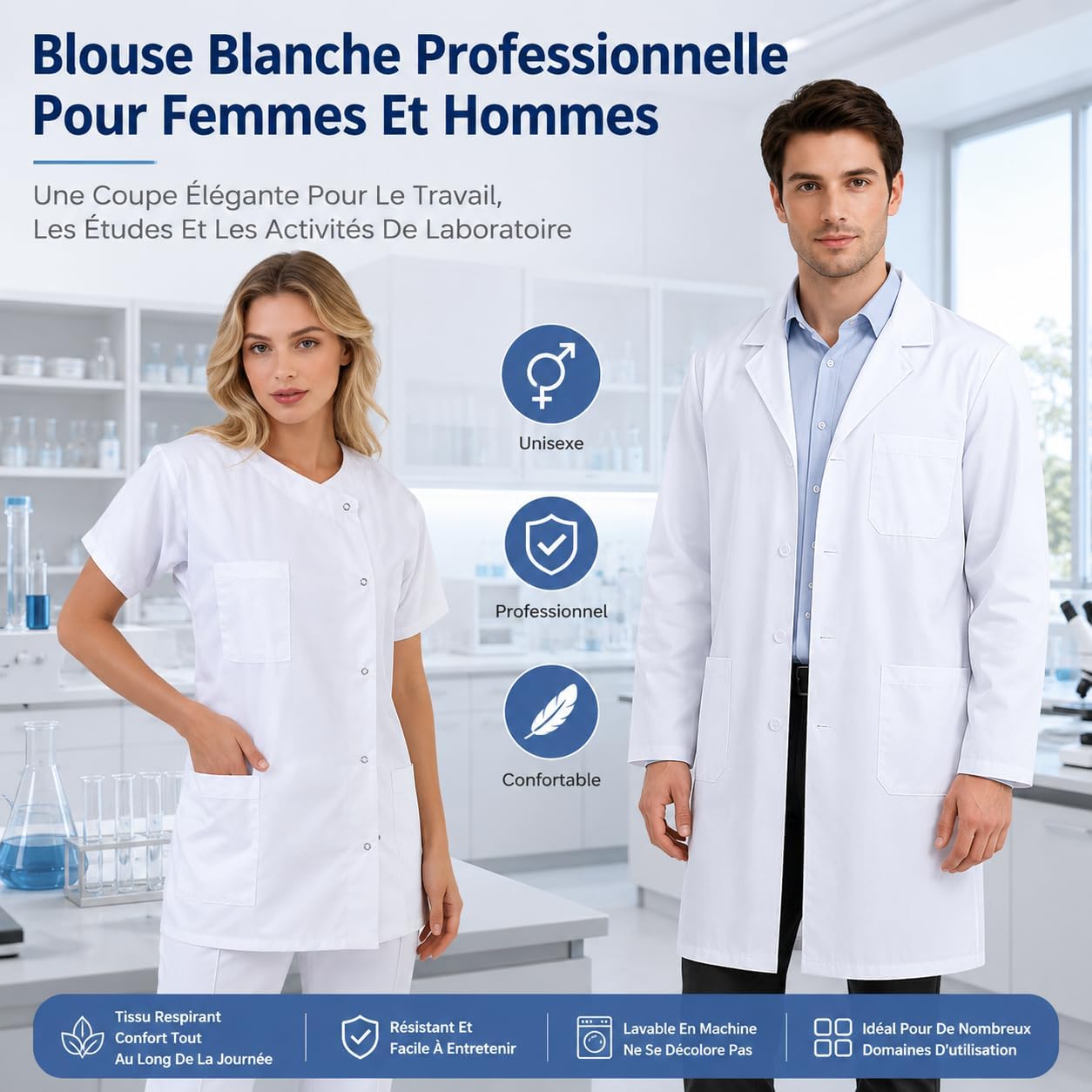 Générique Blouse Chimie Blanche de Laboratoire, Longues Blouse de Médecin avec Poche et Bo - Analyse des détails et conception