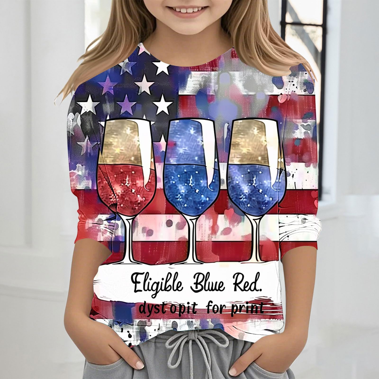 4th of July Outfits for Girls 3/4 Sleeve American Flag Tshirts Round Neck Casual Fashion Tops Size 3-12 Years Multicolor 4th of July Outfits for Girls Size 3-4