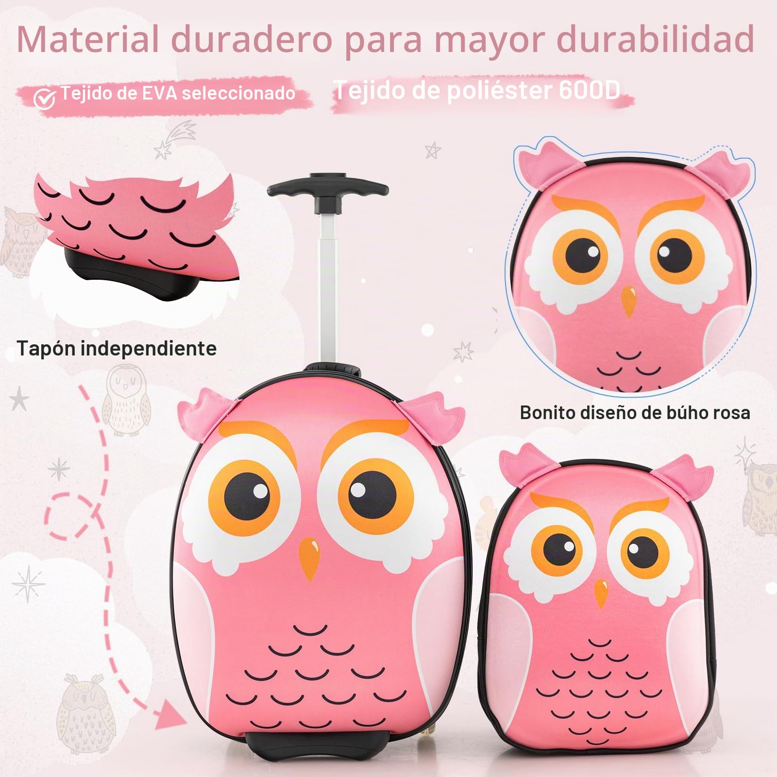 SOARS Juego de Maleta Infantil Niños, 16 '' Maleta + 12 '' Mochila, Maleta Cabina Ruedas y Asa Telescópica, Aprobado por Aerolíneas, Equipaje de Mano (Búho)