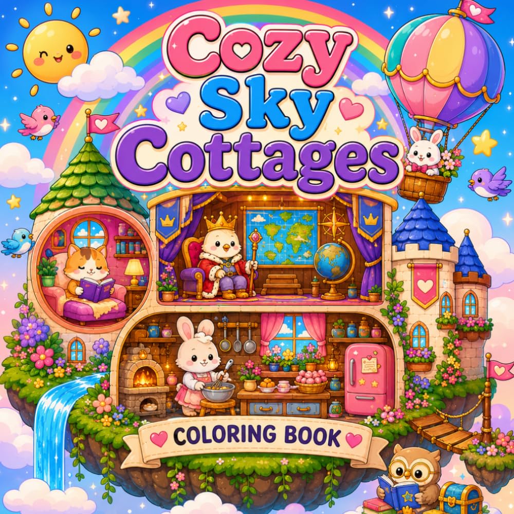 Cozy Sky Cottages Coloring Book for Adults and Teens: Cute Fantasy Floating Homes, Whimsical Animal Adventures, Relaxing Cozy Coloring Pages