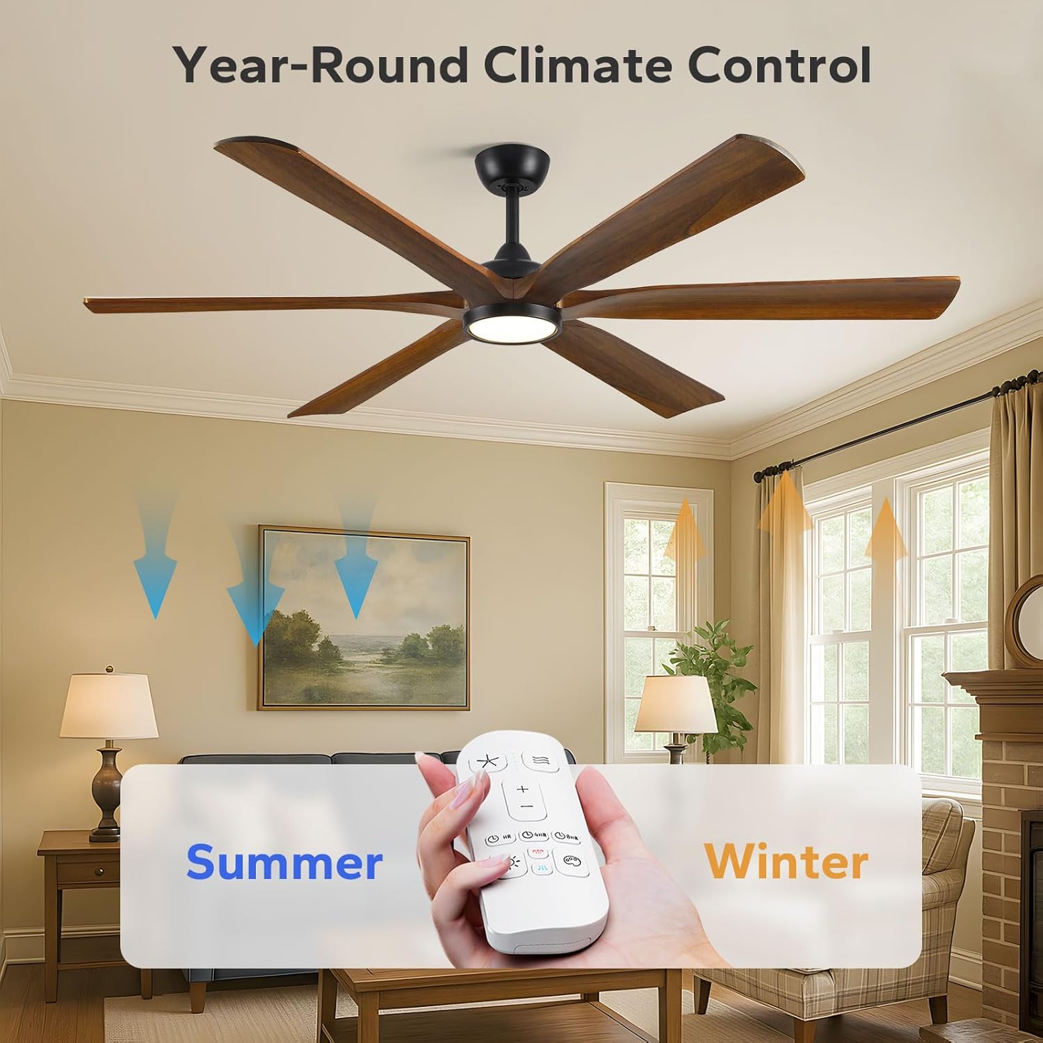 72 Inch Outdoor Ceiling Fan with Light and Remote - Damp Rated for Indoor/Exterior, 6 Brown Wood Blade, Large Airflow Quiet Energy Efficient DC Motor, for Patios Porch Gazebo Garage Farmhouse