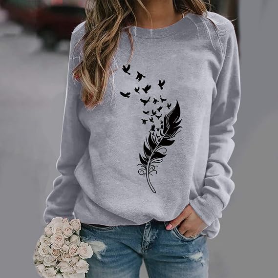 Générique Sweat Femme sans Capuche Chic Hiver Sweat Shirt à Manche Longue Pull Sweatshirt Femmes Imprimé Tendance Casual Tshirt Sweater Chat Haut Vintage Chic Mode Tops (Grey, S