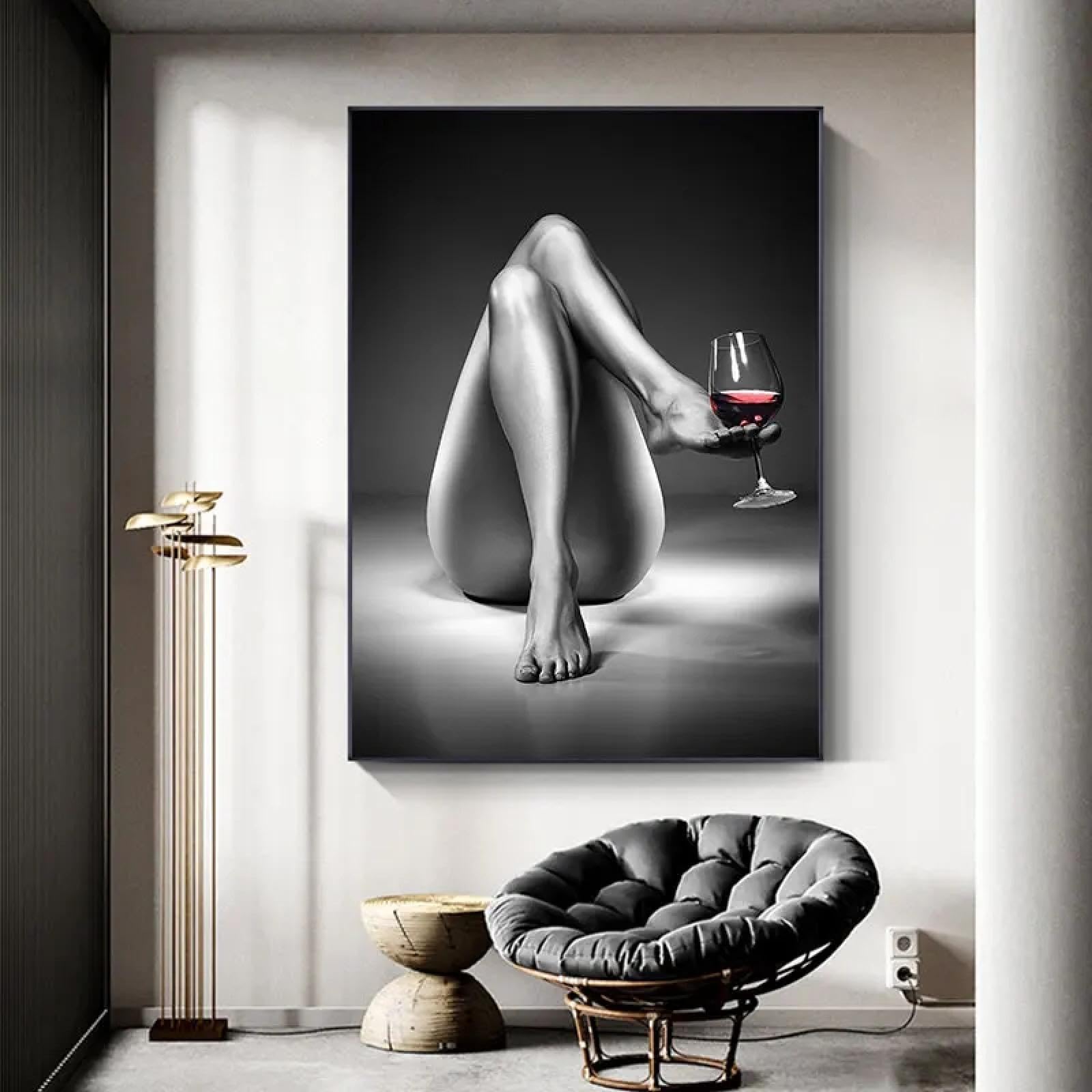 CHAOJIART Pósteres e impresiones de mujer desnuda, pinturas en lienzo de copa de vino, figura de chica sexy en blanco y negro, arte de pared para decoración de sala de estar, 70x100cm sin marco