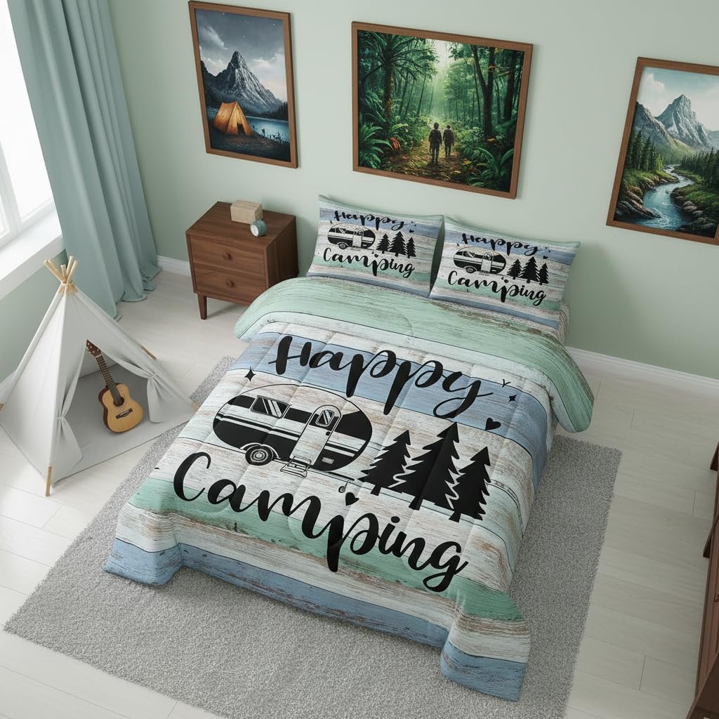 Castle Fairy Rustic Farmhouse Style Comforter Set 2 Pcs,Camper Bedding Sets for Kids Teens,Happy Camping Black Sketch Drawing Duvet Bedding Comforter for Boys Girls Bedroom,2 Pcs image 3