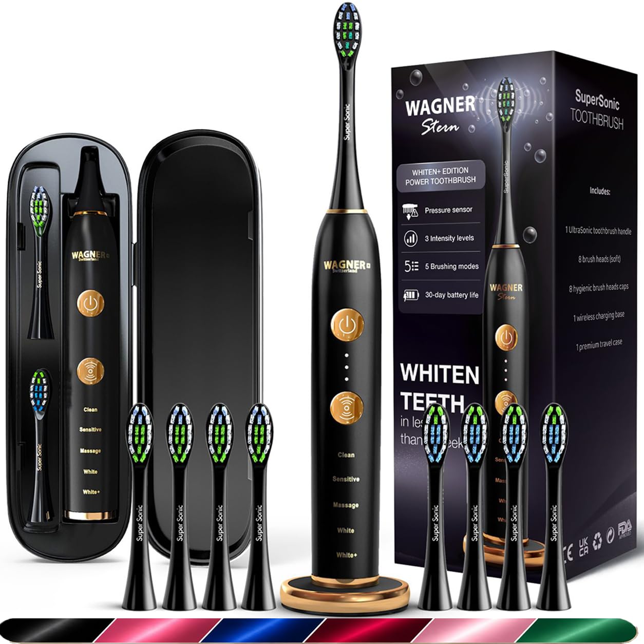 Wagner Stern WHITEN+ Edition. Intelligent Electric Toothbrush with Pressure Sensor. 5 Cleaning Modes and 3 Intensity Levels, 8 Soft Brush Heads, High Quality Travel Case-image-25