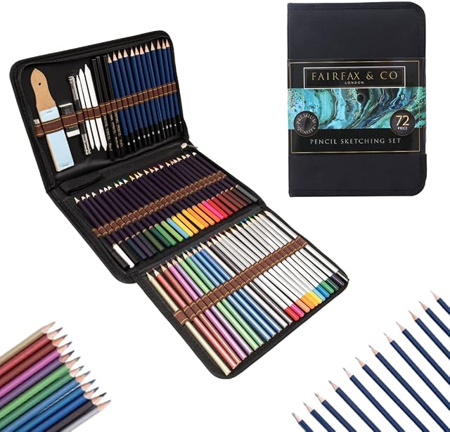 HTI Fairfax & Co 72 Piece Pencil Sketching Set with Portable Case | Premium Quality Drawing Pencils Artists Drawing and Sketching Pencil Set with Case Shading & Colouring Pencils Set Art Tool Kit