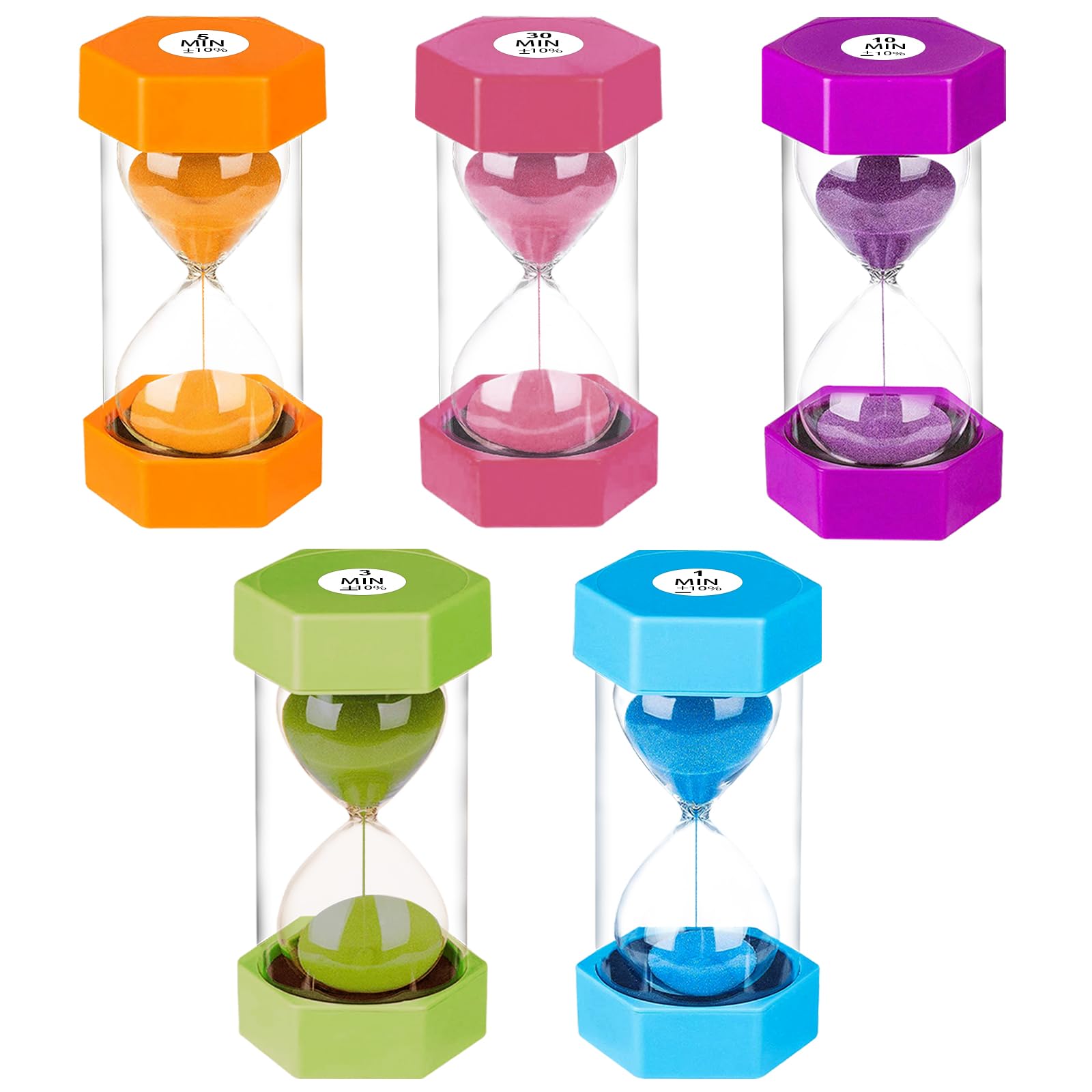 SuLiao Hourglass Sand Timer for Kids, Sand Clock 1/3/5/10/30 Minutes Set, Reloj de Arena Niños, Colorful Plastic Sand Watch Hour Glass Sandglass for Classroom, Games, Kitchen Decor(Pack of 5)