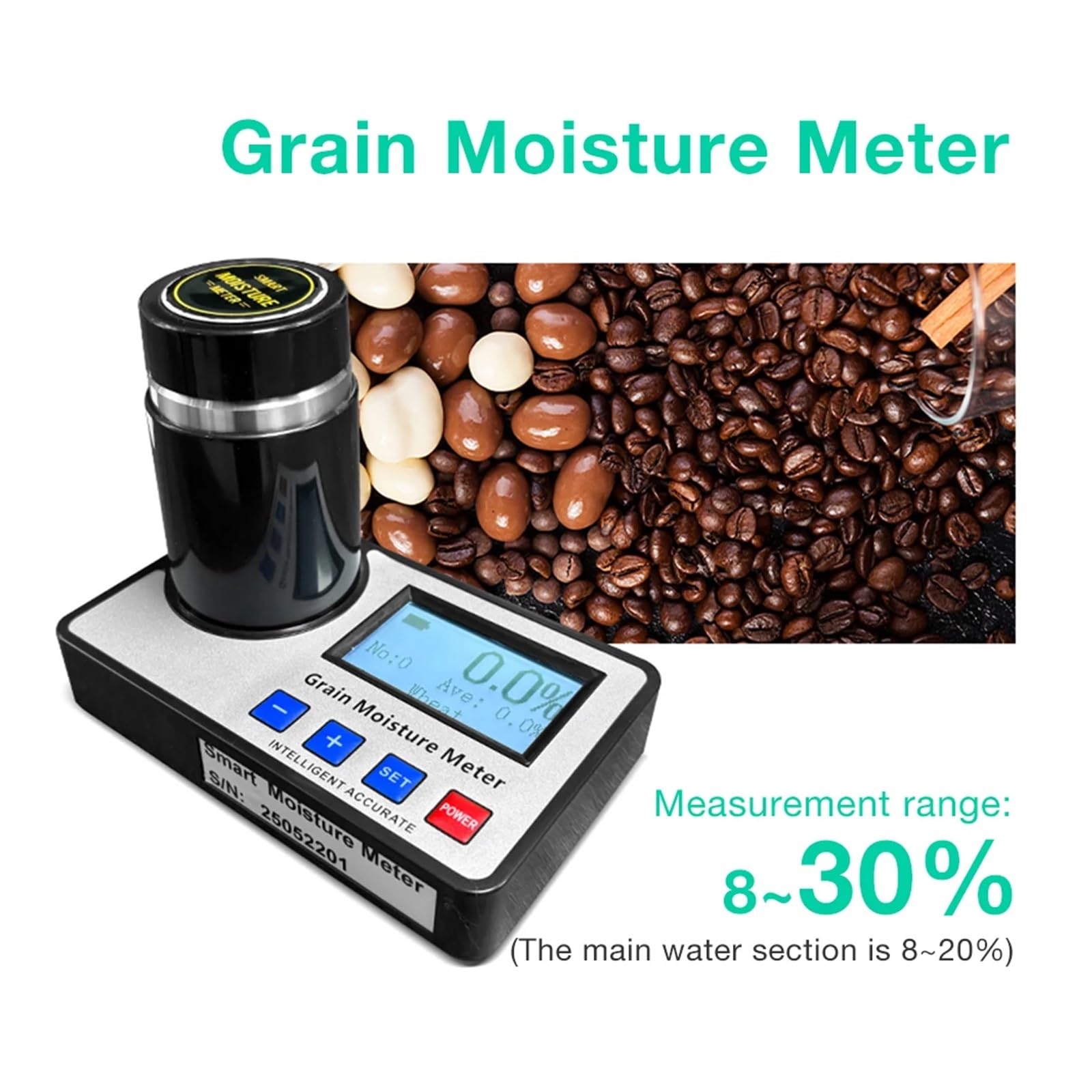 Feuchtigkeitsmessgerät, Intelligentes Getreidefeuchtigkeitsmessgerät, 19 Arten Von Getreide, Hygrometer, Feuchtigkeitsdetektor For Mais, Reis, Weizen, Kaffeebohnen, 8–30% Wassergehaltsanalysator