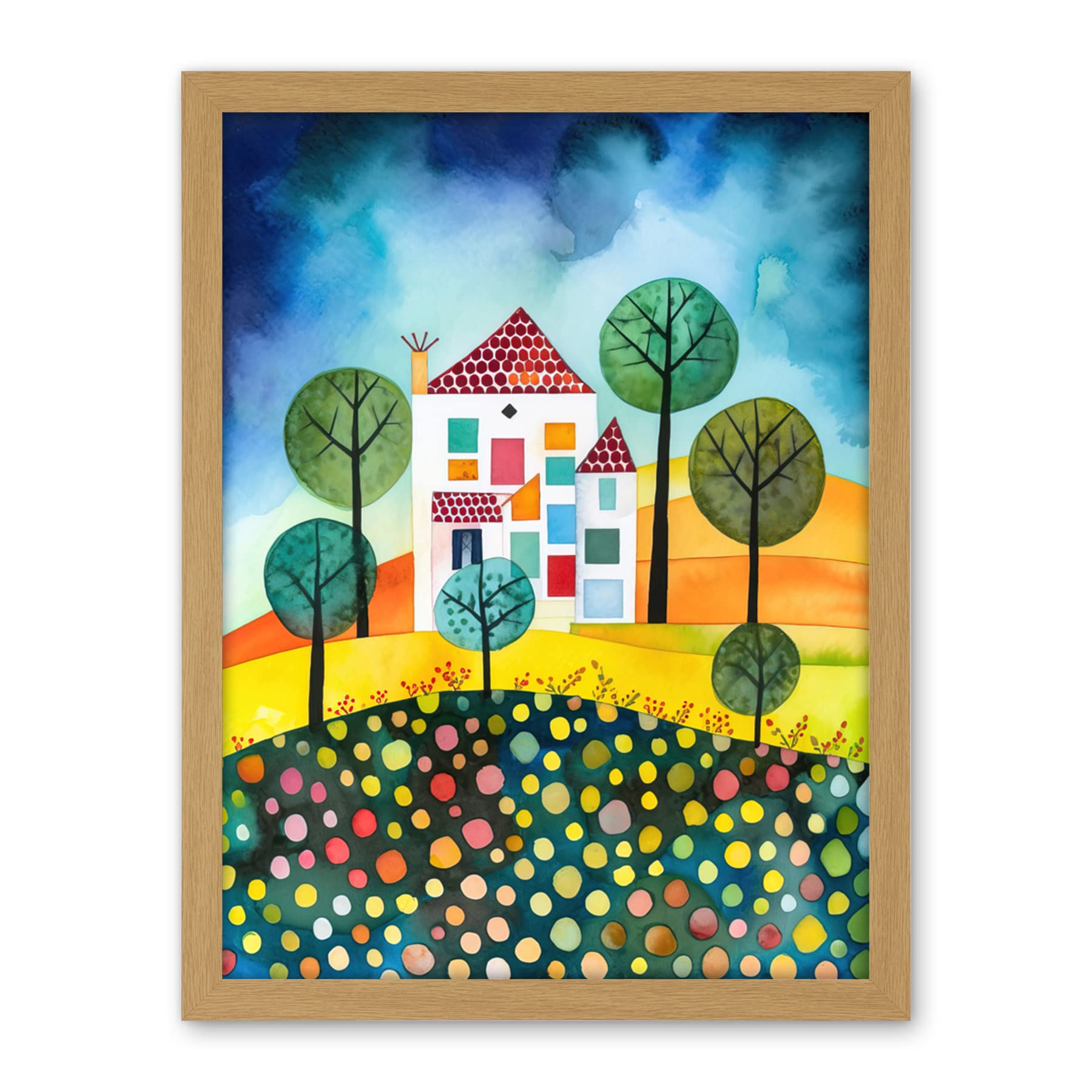 Artery8 Abstract House And Garden Folk Art Artwork Framed Wall Art Print 18X24 Inch