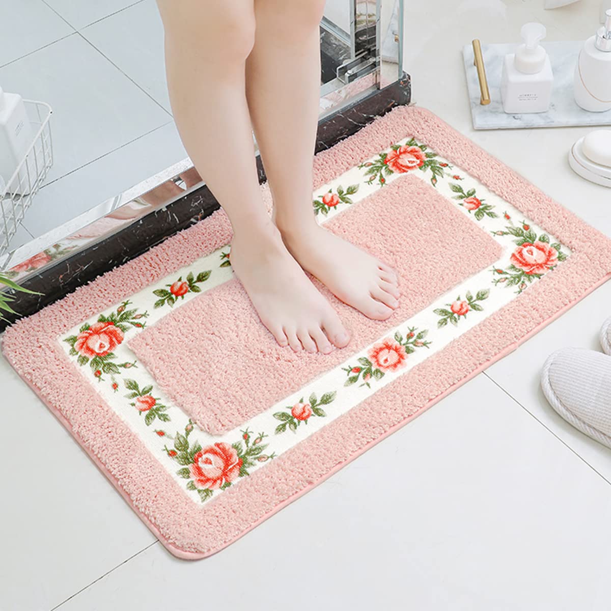 Barelove Rose Floral Area Rugs Ultra Soft Low Pile Shag Rug, Non Slip Washable Modern Floor Mat Pad for Living Room Bedroom Bathroom Dorm Kitchen