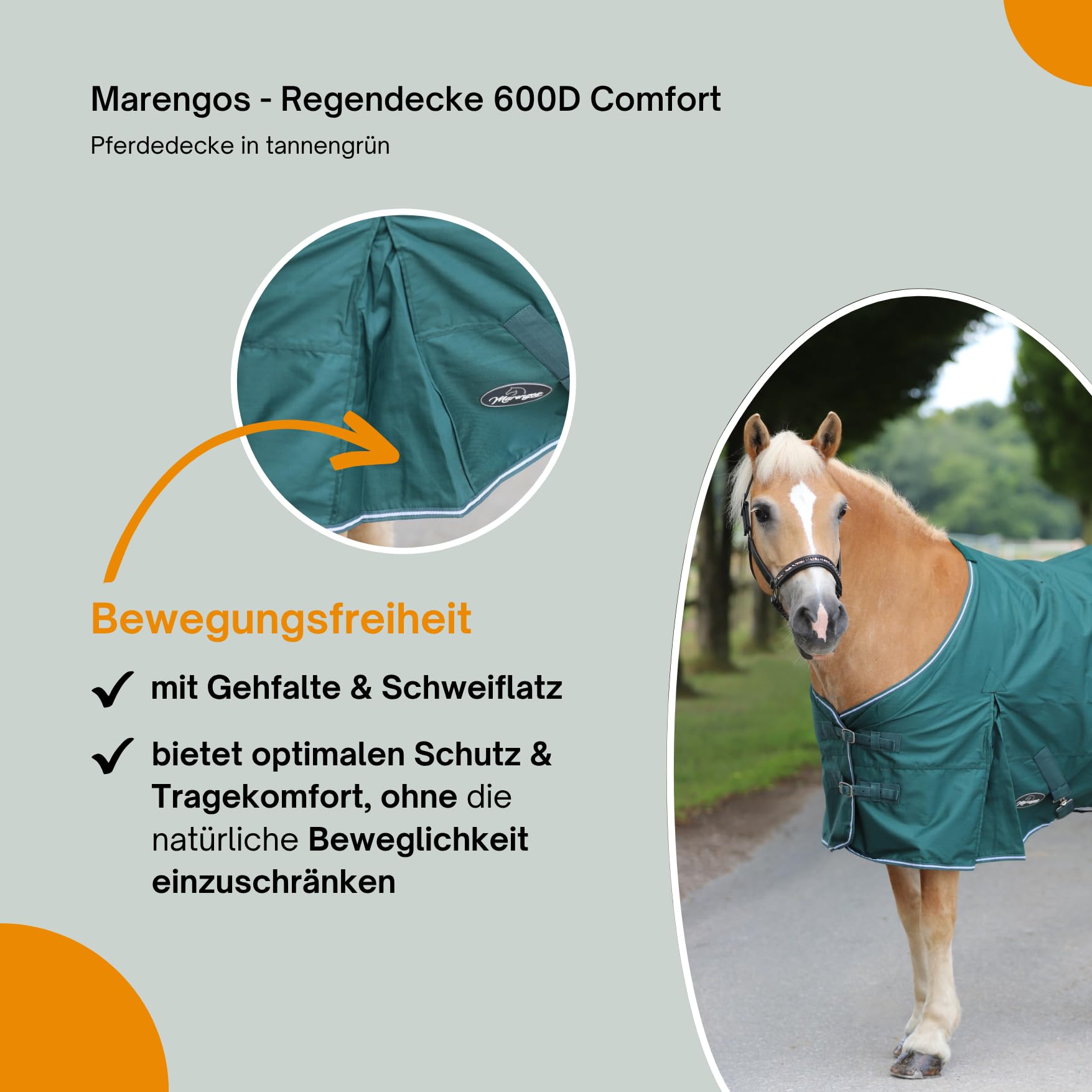 Marengos - Regendecke 600D Comfort – Pferdedecke mit Innenfutter – ideal als Weidedecke – wasserdicht & atmungsaktiv – mit Kreuzgurten, Gehfalten & Schweiflatz – Tannengrün – 165cm | Pferdedecke mit Innenfutter – ideal als Weidedecke – wasserdicht & atmun