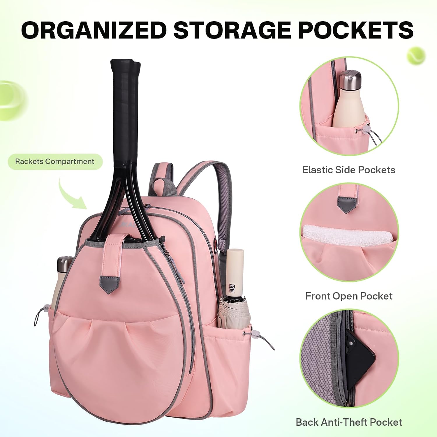 JKAOO Tennis Bags for Women, Waterproof Tennis Sling Crossbody Shoulder Backpack Holds 2 Rackets, Tennis Racket Bag for Pickleball Badminton