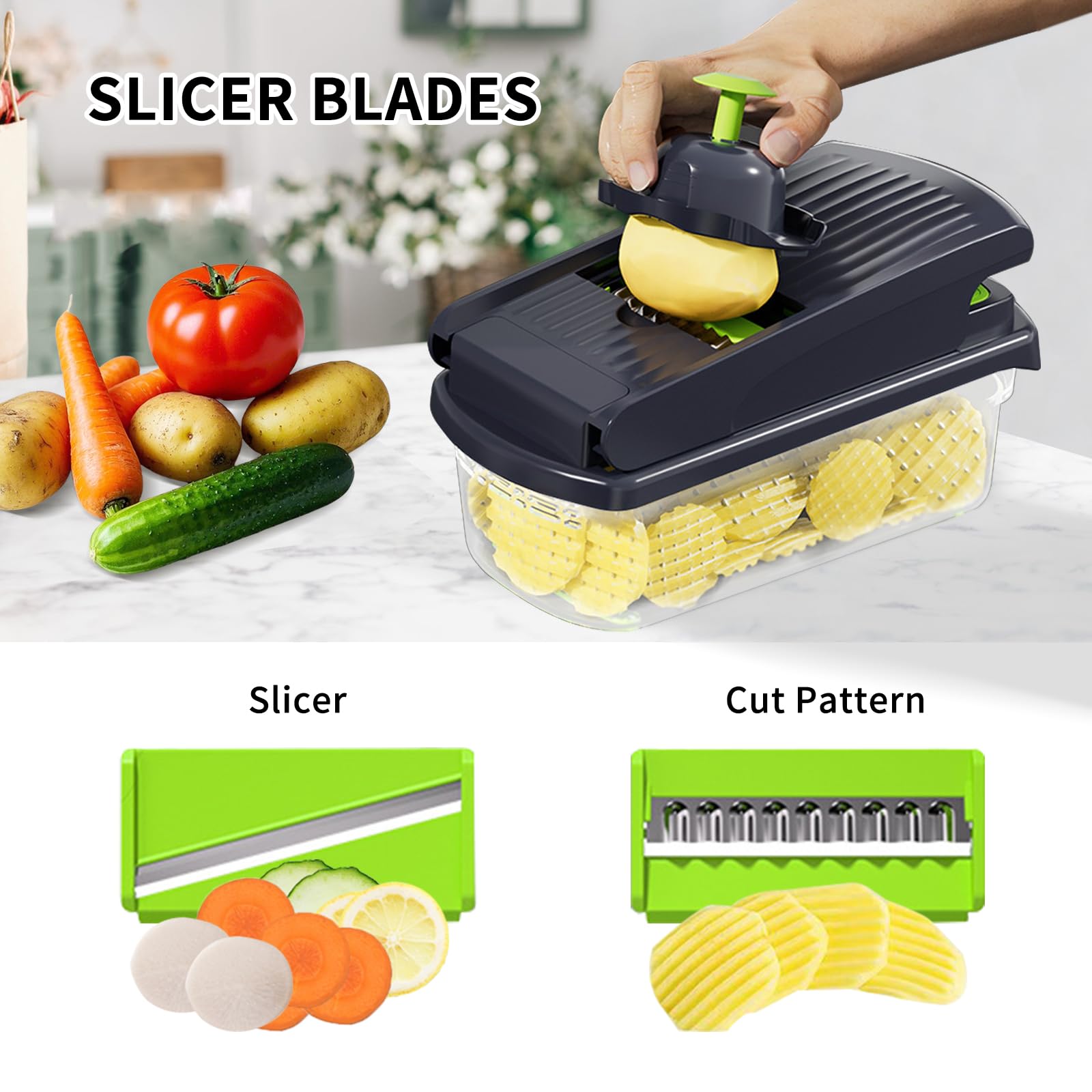 2025 UPGRADE Vegetable Chopper Pro - 14-in-1 BPA-Free Salad Cutter, Onion Dicer, Kitchen Gadget With Safety Guard (Green) - View #4