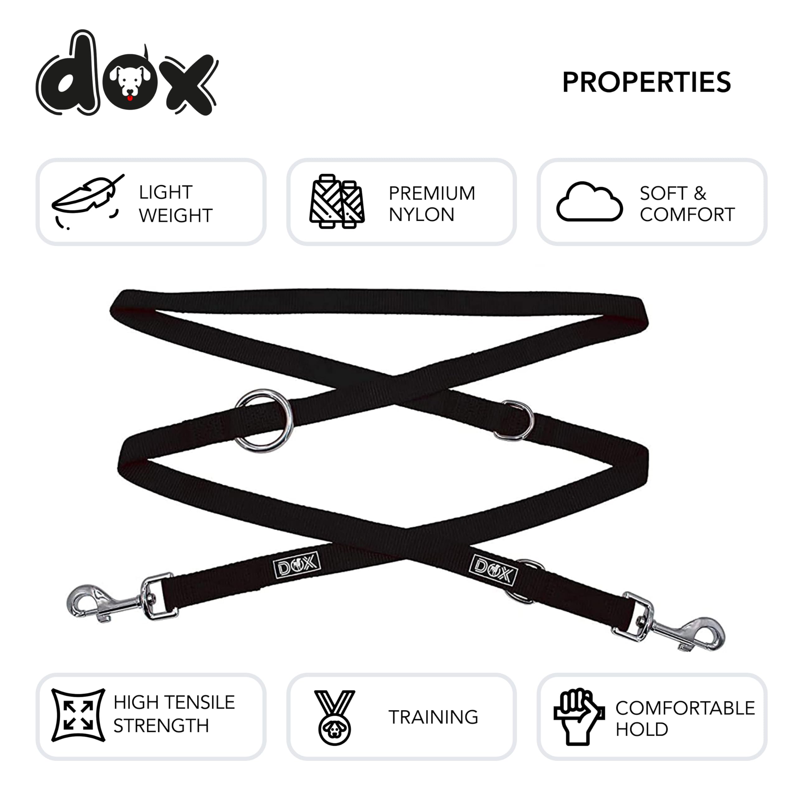 DDOXX Guinzaglio Addestramento per Cani Piccoli e Grandi in Nylon, Regolabile in 3 Modi, 2m | Doppio per Gatti Cuccioli | Accessori | Nero, XS