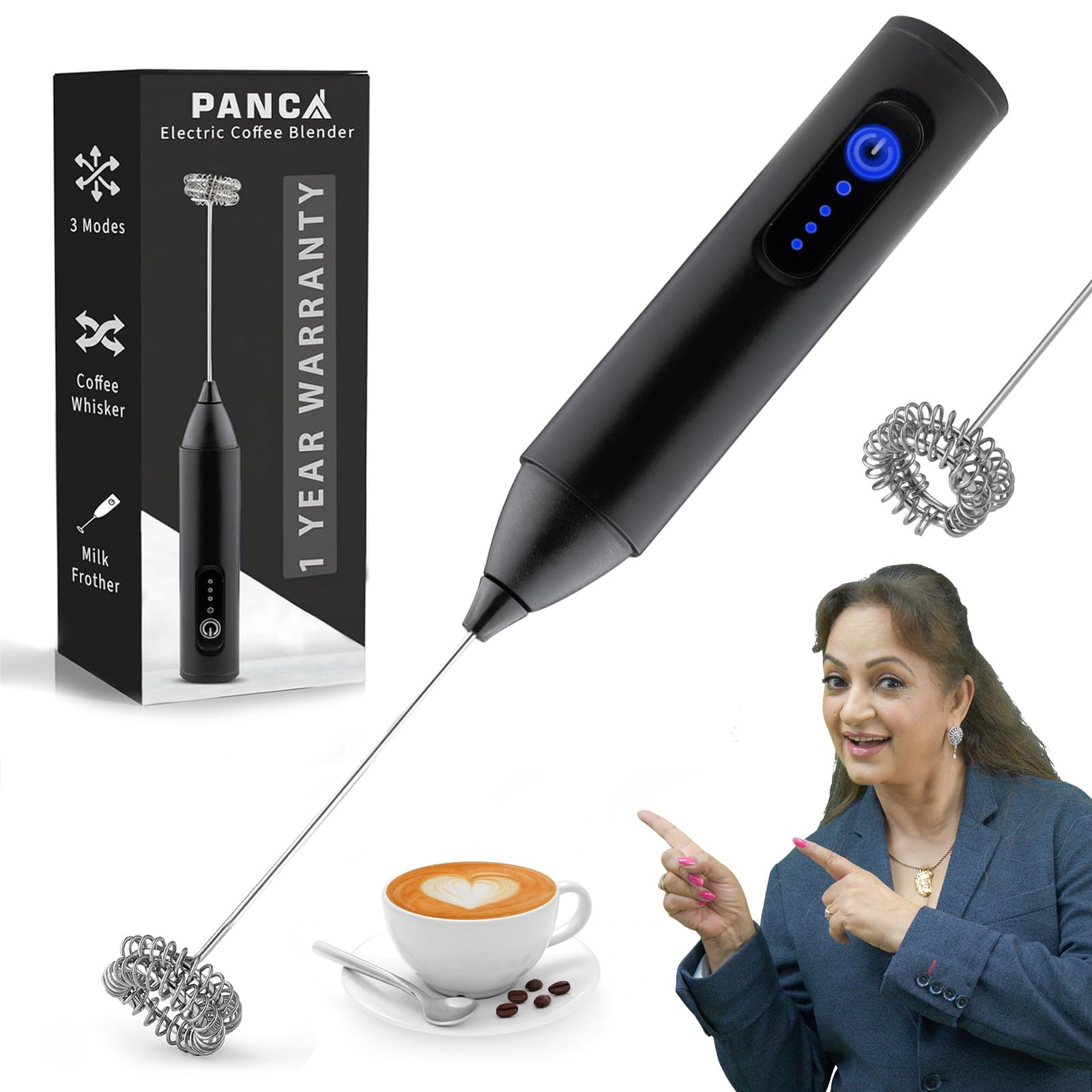PANCA Coffee Frother Electric Blender Mixer |Whisker | Hand Blender | Coffee Maker and Beater Electric | Rechargeable | Milk Frother(Set of 1, Black, 3 Modes)