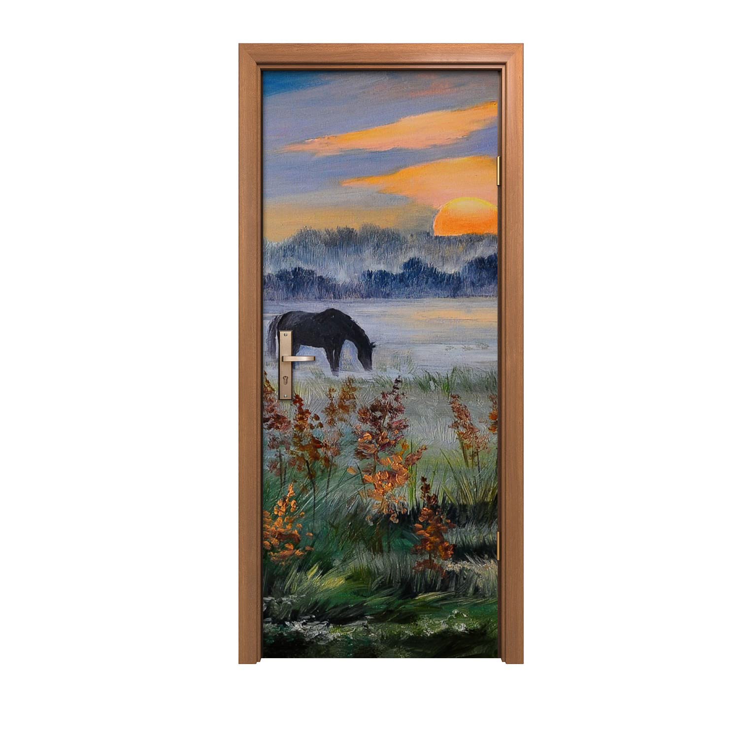 Autocollant de porte 80x200cm coucher de soleil animal de pré pour une décoration murale nature
