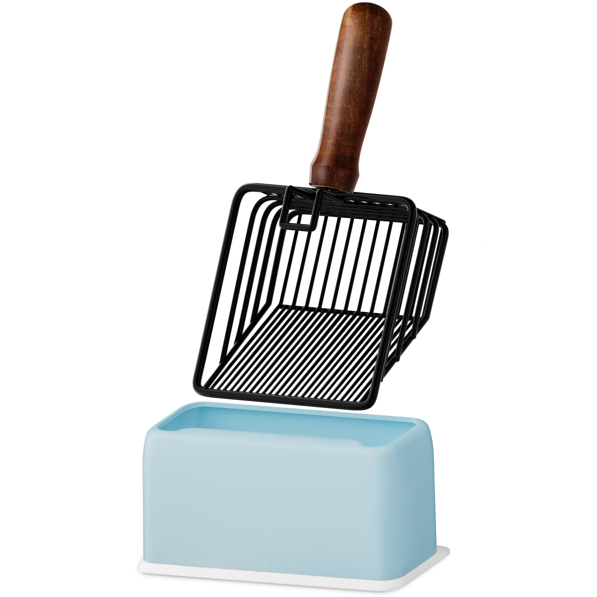 Morrean Cat Litter Scoop with Holder, Metal Cat Litter Scooper, Stainless Steel Heavy Duty Deep Shovel, Fast Fine Scoop Away Cat Litter - Black with Blue Holder