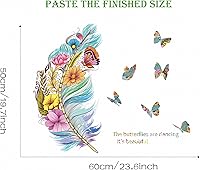 Vista 5 de Hermosas calcomanías de pared coloridas de plumas y flores de mariposa, arte floral de sacinora DIY calcomanías de pared de vinilo extraíble
