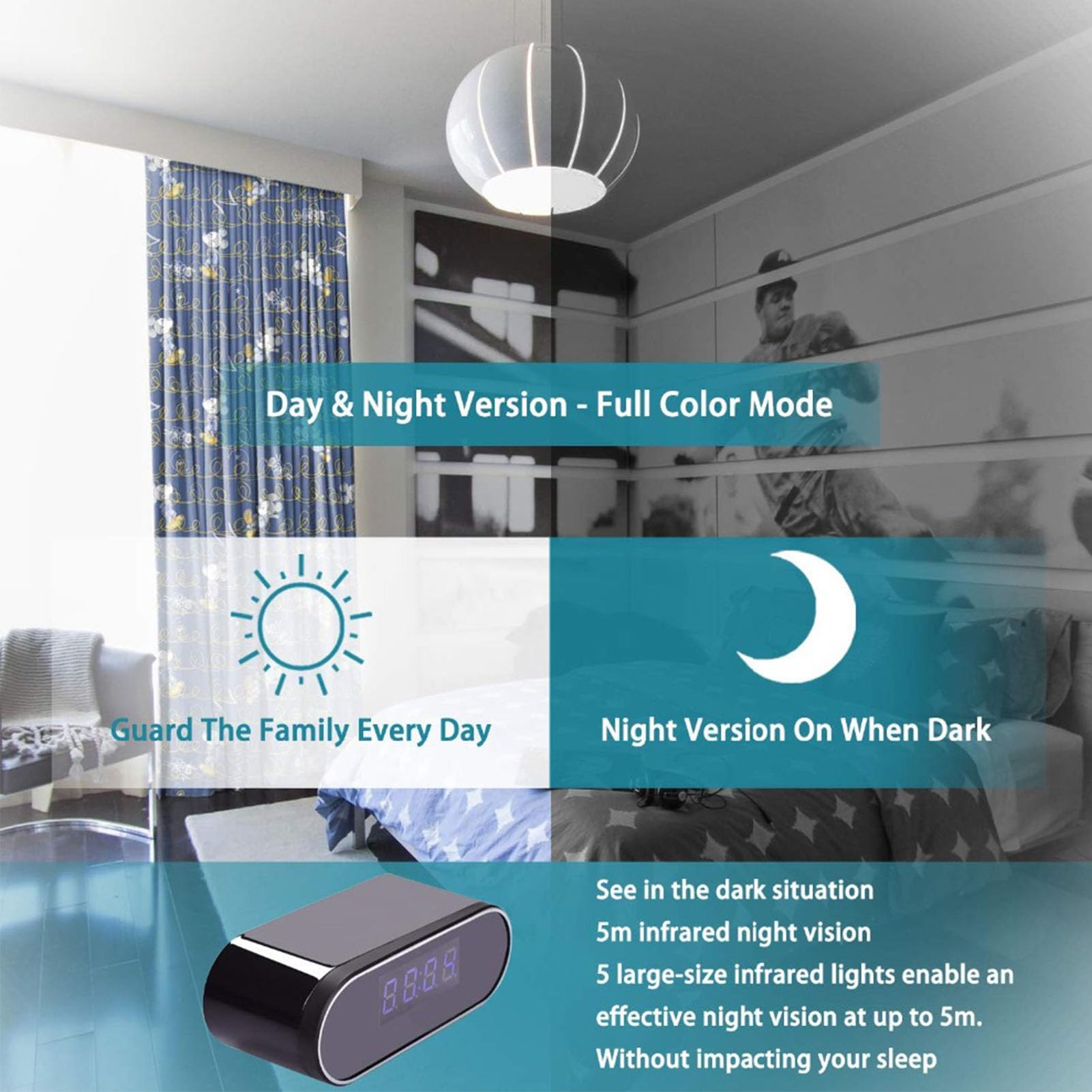 Sxhlseller Telecamera Orologio WiFi FHD 1080P, Telecamera Sveglia Digitale con Rilevamento di Movimento, Visione Notturna, Grandangolo di 130°, Visualizzazione Remota con App a 2,4 GHz,