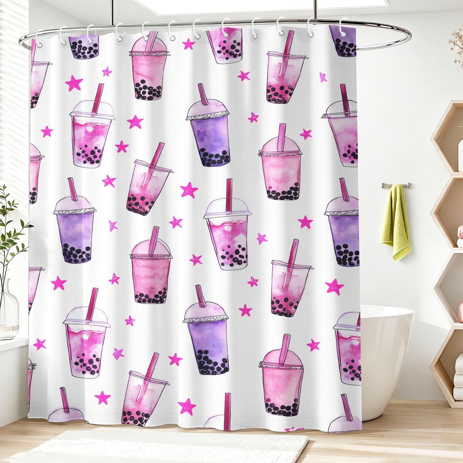 Genérico - Cortina de ducha con diseño de burbujas de té, 120 x 200 cm, antimoho, tela lavable linda estrella, cortinas de baño con ganchos, rosa