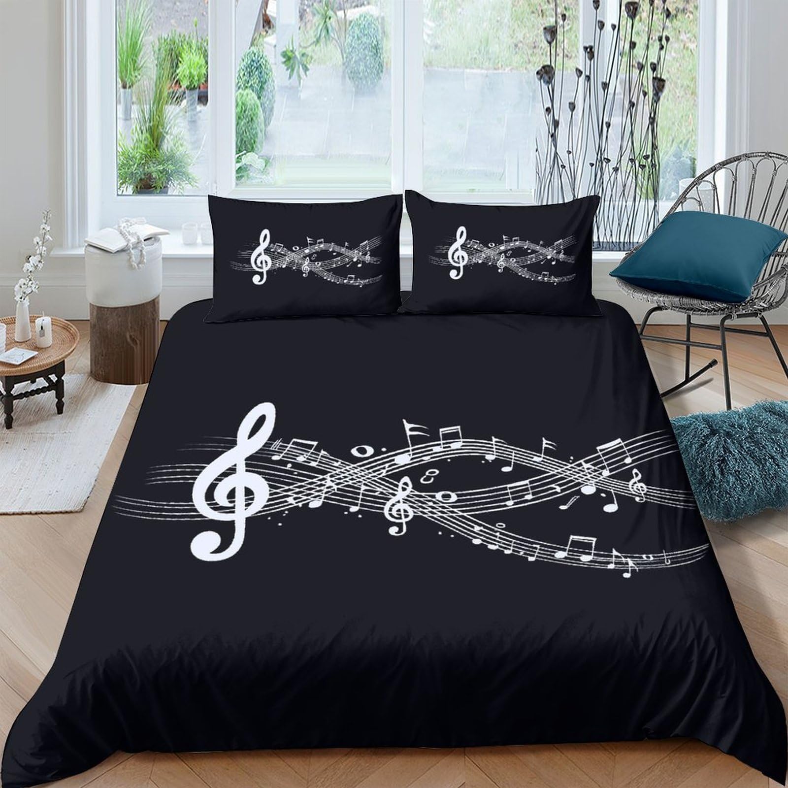 Ctjqhvkz Style-7 3D Printed Music Note Black Fitted Sheet Microfiber Soft Bed Sheet Treble Clef Mattress Cover Bedroom Decor Single（135X200cm）