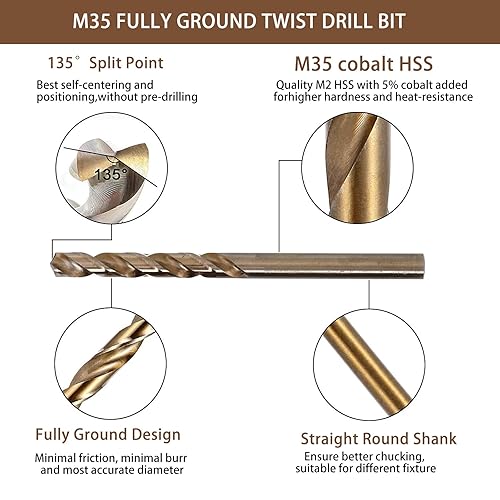 Miniatura 3 de 19 brocas de cobalto de 364-2564 pulgadas, acero de alta velocidad M35- HSS para taladroconductor de acero inoxidable resistente