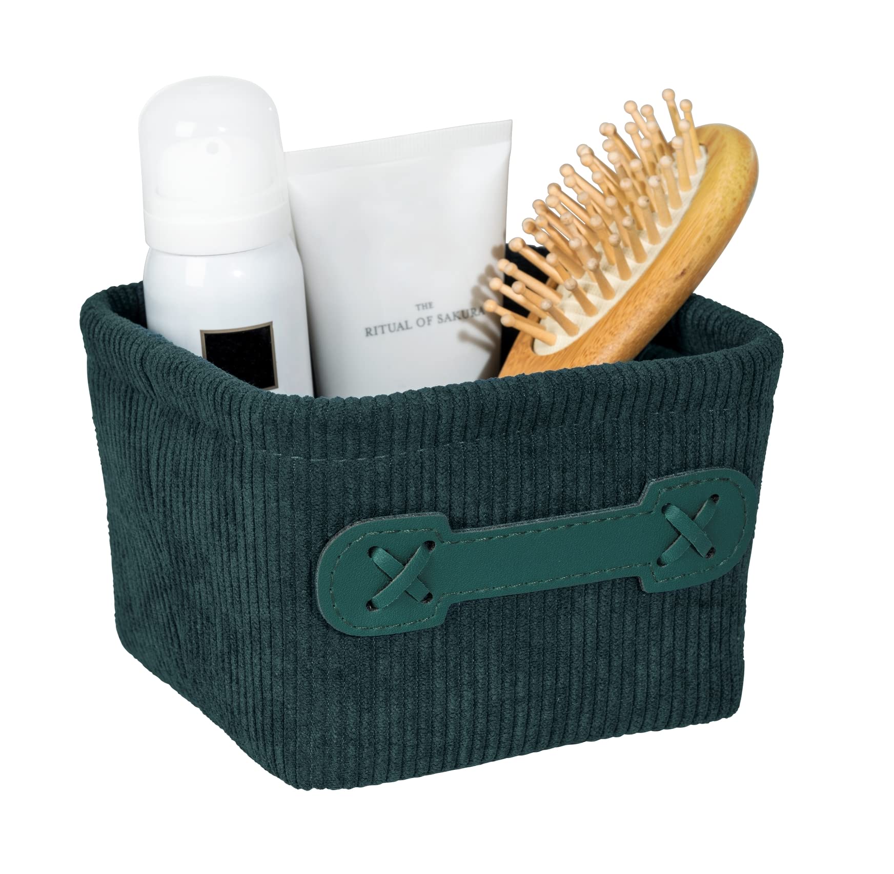 Wenko Cesta da bagno Anela Square in design a corda per riporre e mettere in ordine strumenti e accessori da bagno, 100% poliestere, maniglia in pelle artificiale, 14 x 9 x 14 cm, verde scuro