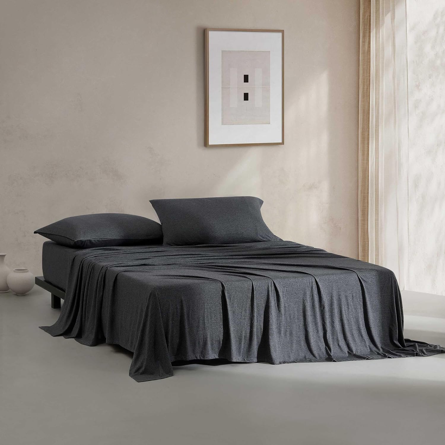 Calvin Klein - King Size Sheets Set, Naturally Soft Cotton-Blend Melange Jersey Bedding - Bed Sheets with Matching Pillowcases & Fitted Sheet (Modern Cotton Gunmetal Grey)