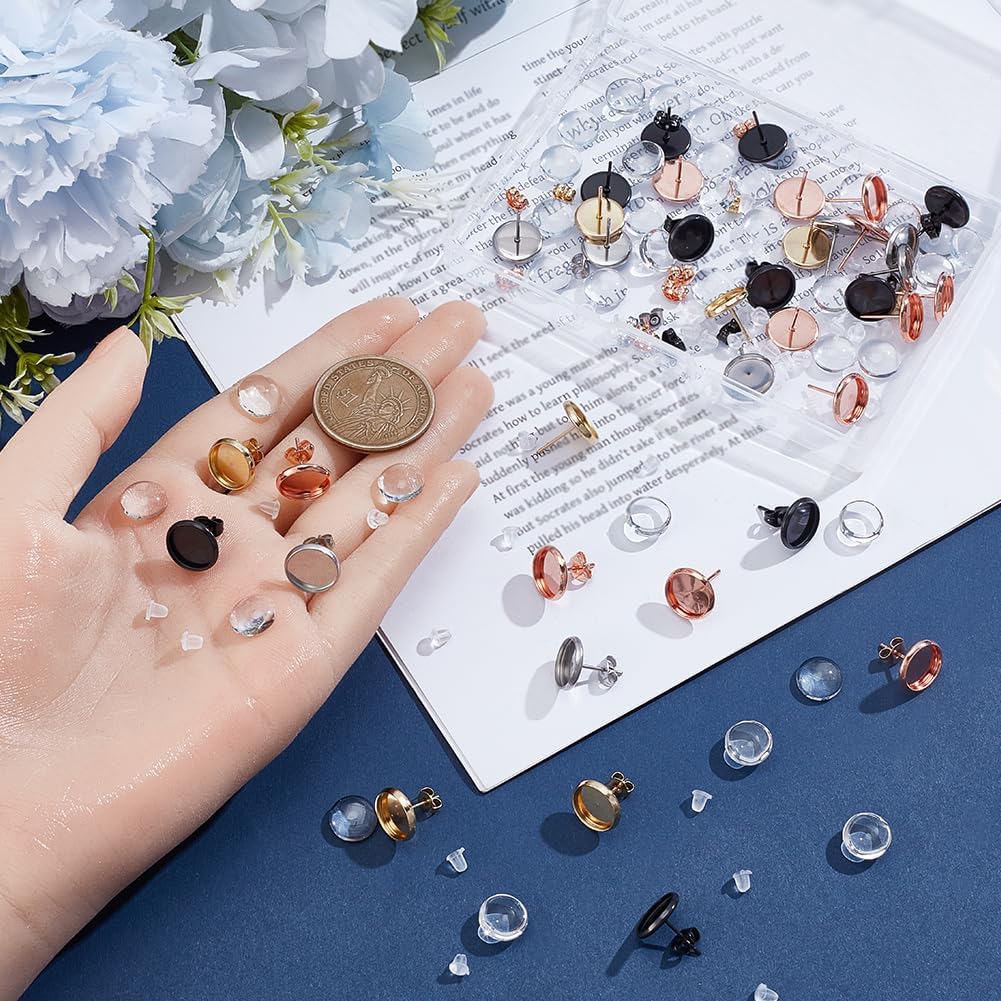 1 Box 150Pcs Cabochon Earring Blanks 10mm Stainless Steel Stud Earring Kit Including Blank Studs Butterfly Earbacks Glass Cabochon Findings Kits for DIY Jewellery Earrings Making Beginners image 3