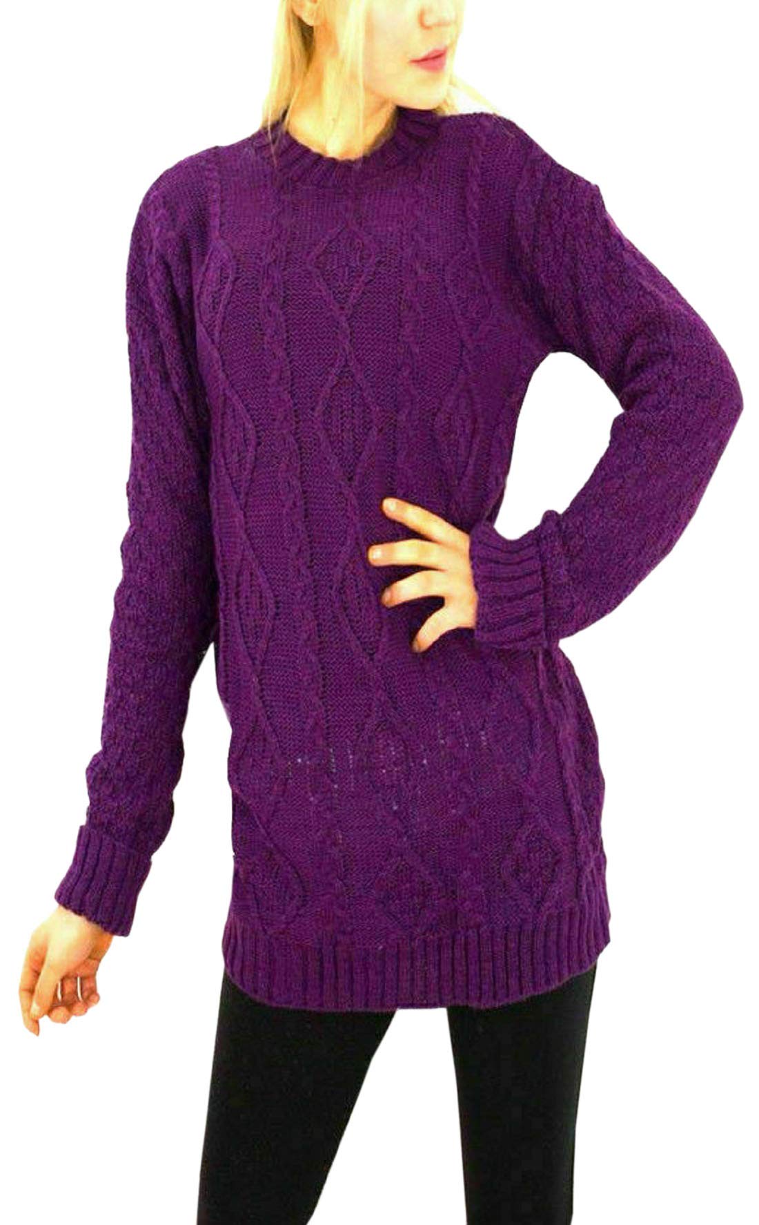 Metluq M0d4 Women's Purple New Long Sleeve Chunky Cable Knitted Jumper Crew Neck Winter Sweater Top (, Uk 16-18)