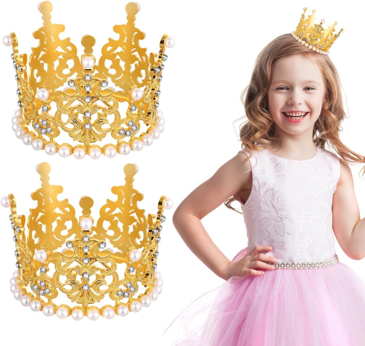 2pcs Mini Crown Cake Topper Pearl Rhinestone Queen Princess Tiara Crown for Birthday Wedding Party Cake Decorations Supplies (Golden)