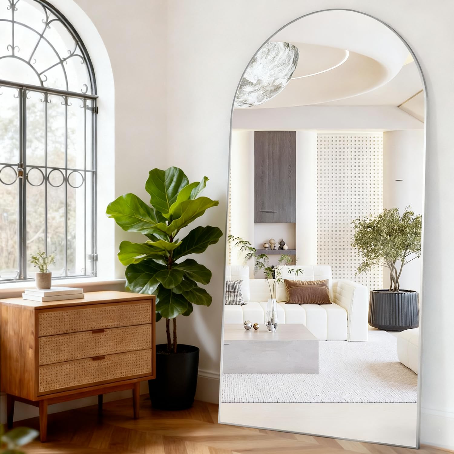 Elemango 198x96cm Arched Floor Mirror Full Length Full Body Wall Mirror with Aluminum Frame, Arched-Top Full Dressing Mirrors Standing Hanging or Leaning, for Bedroom Living Room, Silver
