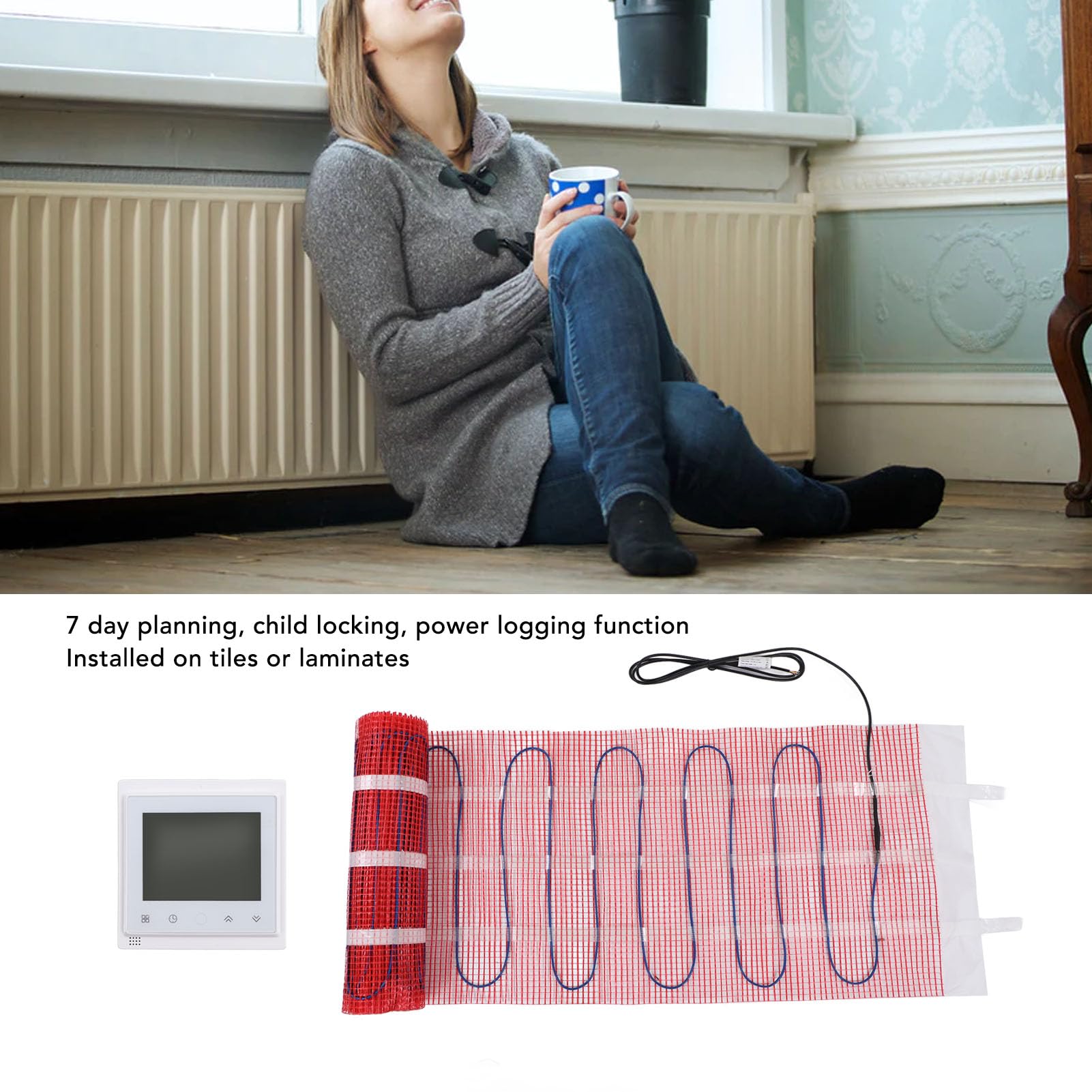 Pongnas Samoprzylepna Elektryczna Mata Grzewcza Podłogowa Sterowana Wi-Fi z Termostatem Zapewniająca Komfort w Domu (220V)