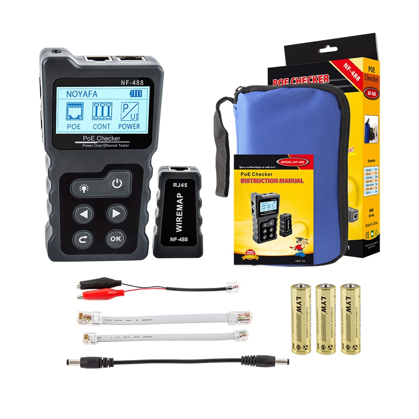 NF-488 LCD Tester de cable de red Tracker de alambre Poe Checker Inline Poe Voltaje y probador de corriente con probador de cables Para Ethernet y teléfono