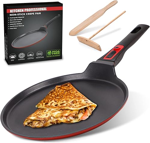 DIIG Sartén antiadherente para crepas con espátula esparcidora, sartén Dosa Tawa de 11.5 pulgadas para tortillas de panqueques, utensilios de cocina