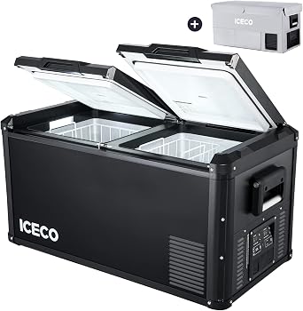 ICECO VL75 PRO 79 Quart Double Zone Portable Refrigerator with SECOP Compressor, Independent Control 12 Volt Freezer for Car, Home, Camping, RV, 0F to 50F, 12/24V DC, 100/240V AC & Cover