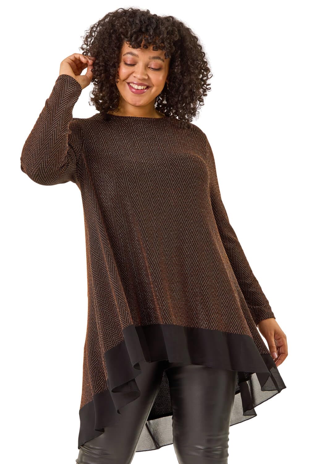 Roman Women's Bronze Curve Glitter Chiffon Hem Tunic Top In Size 20