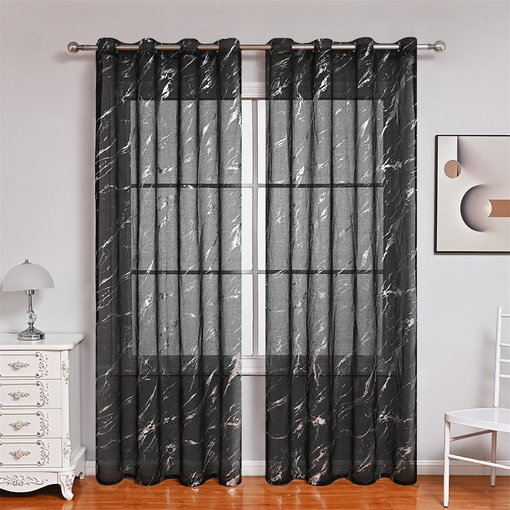 Surwin Curtains for Bedroom, Marble Texture 2 Panels Voile Curtain, Semi Transparent Eyelet Sheer Curtains, Living Room Balcony Home Decorative Net Curtains for Windows (W52xL84Inch,Black)