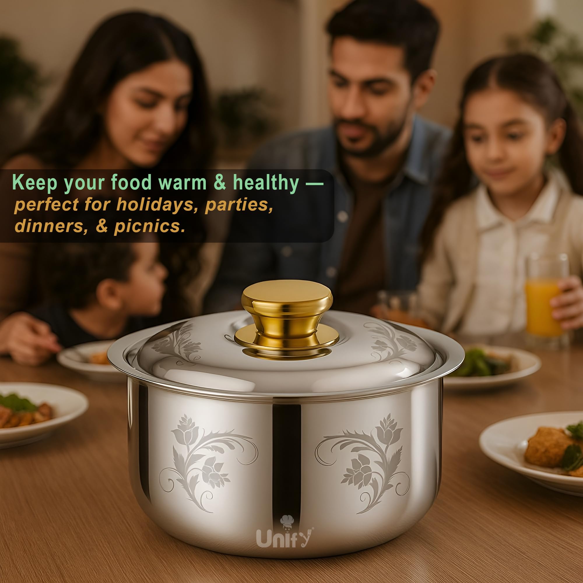 Unify Stelo Stainless Steel Insulated Casserole Hot Pot 1600 ML with Floral Design & PVD Gold Plated Handle | Lasser Finish Roti Server & Chapati Box | Food-Grade BPA Free | Keeps Food Fresh (Silver) 4