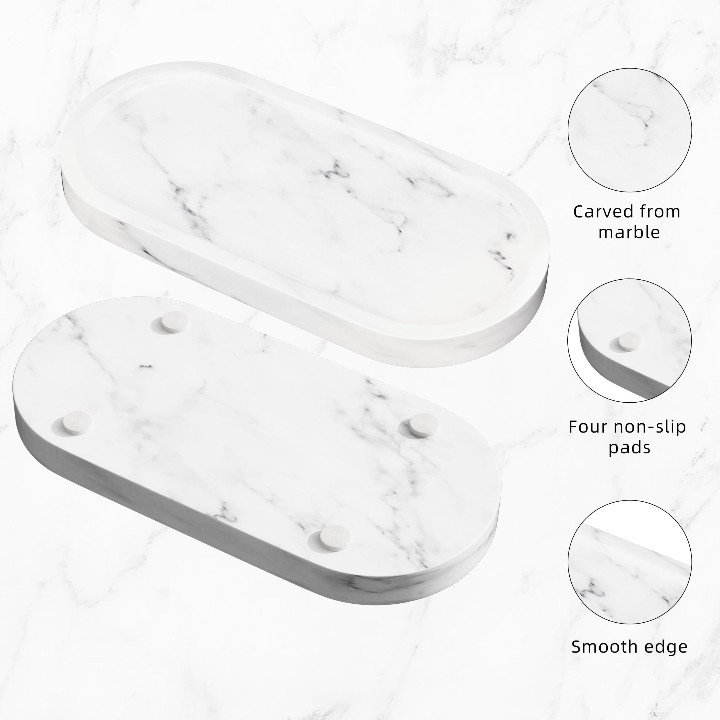 Plateau Decoratif Elliptique en Marbre,25x12x1.8cm,Blanc Carrara