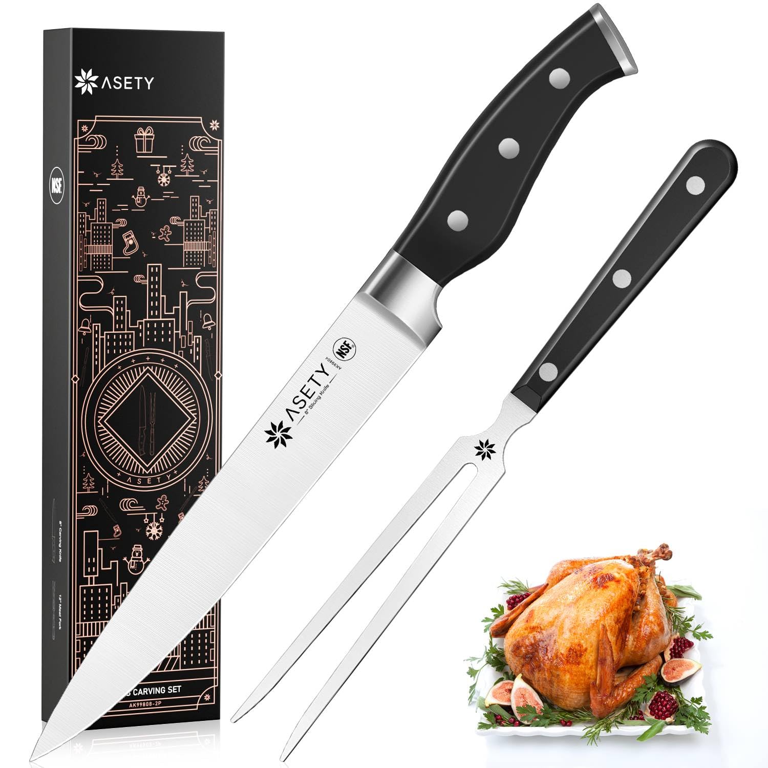 Carving Knife Set, High Carbon Stainless Steel Carving Knife and Fork Set, 2 PCS Carving Set for Turkey, Meat, BBQ, Brisket, NSF Food Safe, Full Tang Slicing Knife with Gift Box