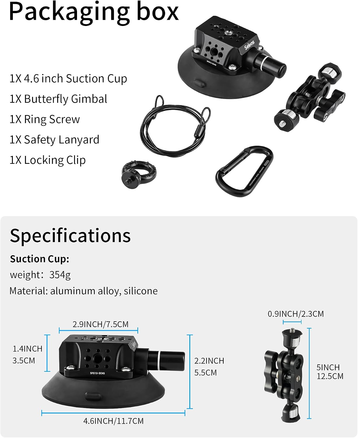Selens 4.6"/11.7cm Suction Cup Mount with Butterfly Gimbal,Car Mount for Camera/Action Camera/Phone Holder, Mount on Car Windshield or Window，with 1/4" & 3/8" Mounting Holes for Camera