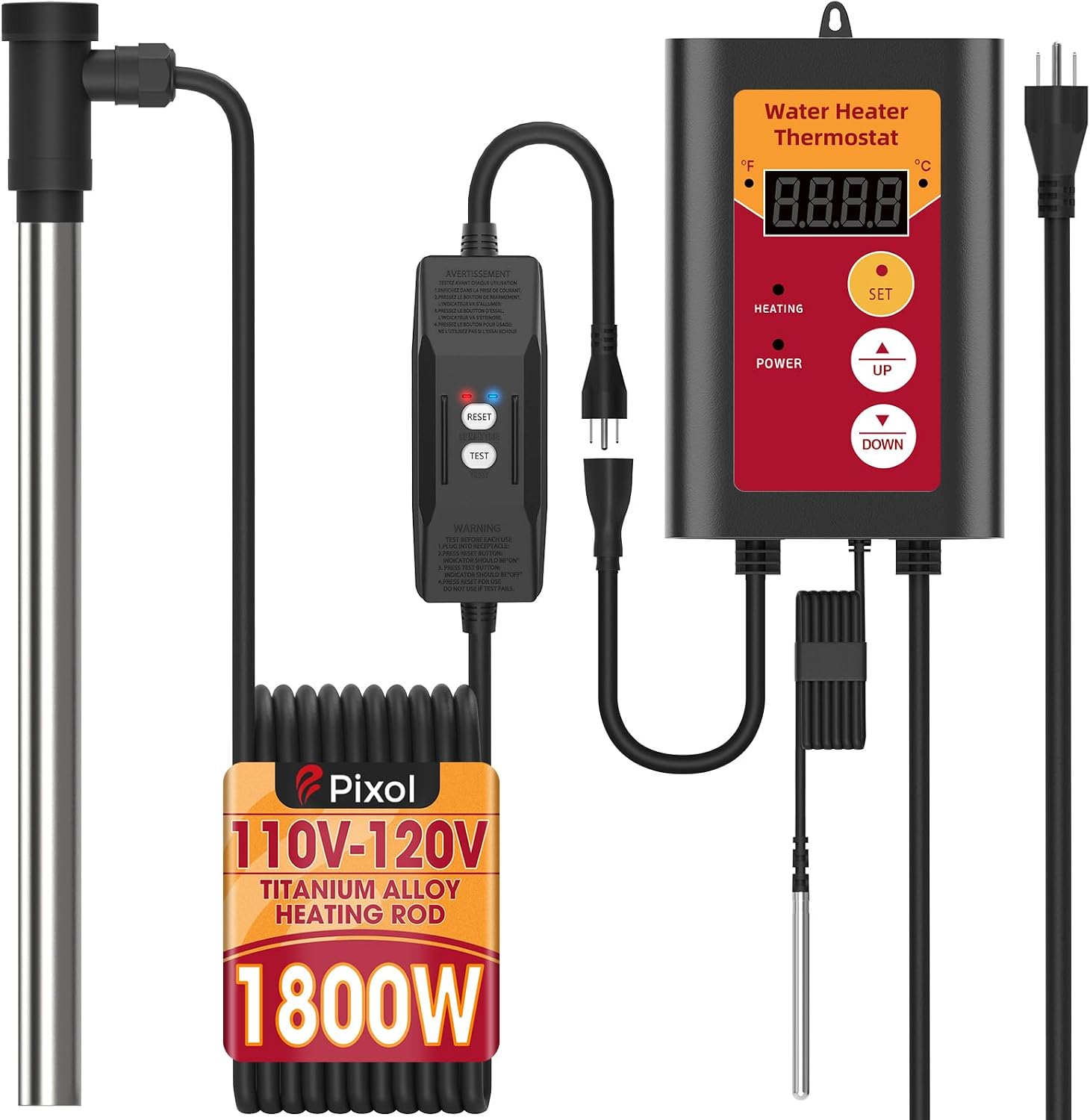 1800W Titanium Immersion Water Heater, Electric Fully Submersible Hot Tub & Ground Swimming Pool Water Heater with Thermostat & Leakage Protection, for Baptistery, Bucket, Camping, Stock Tank, Bathtub