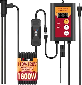 1800W Titanium Immersion Water Heater, Electric Fully Submersible Hot Tub & Ground Swimming Pool Water Heater with Thermostat & Leakage Protection, for Baptistery, Bucket, Camping, Stock Tank, Bathtub
