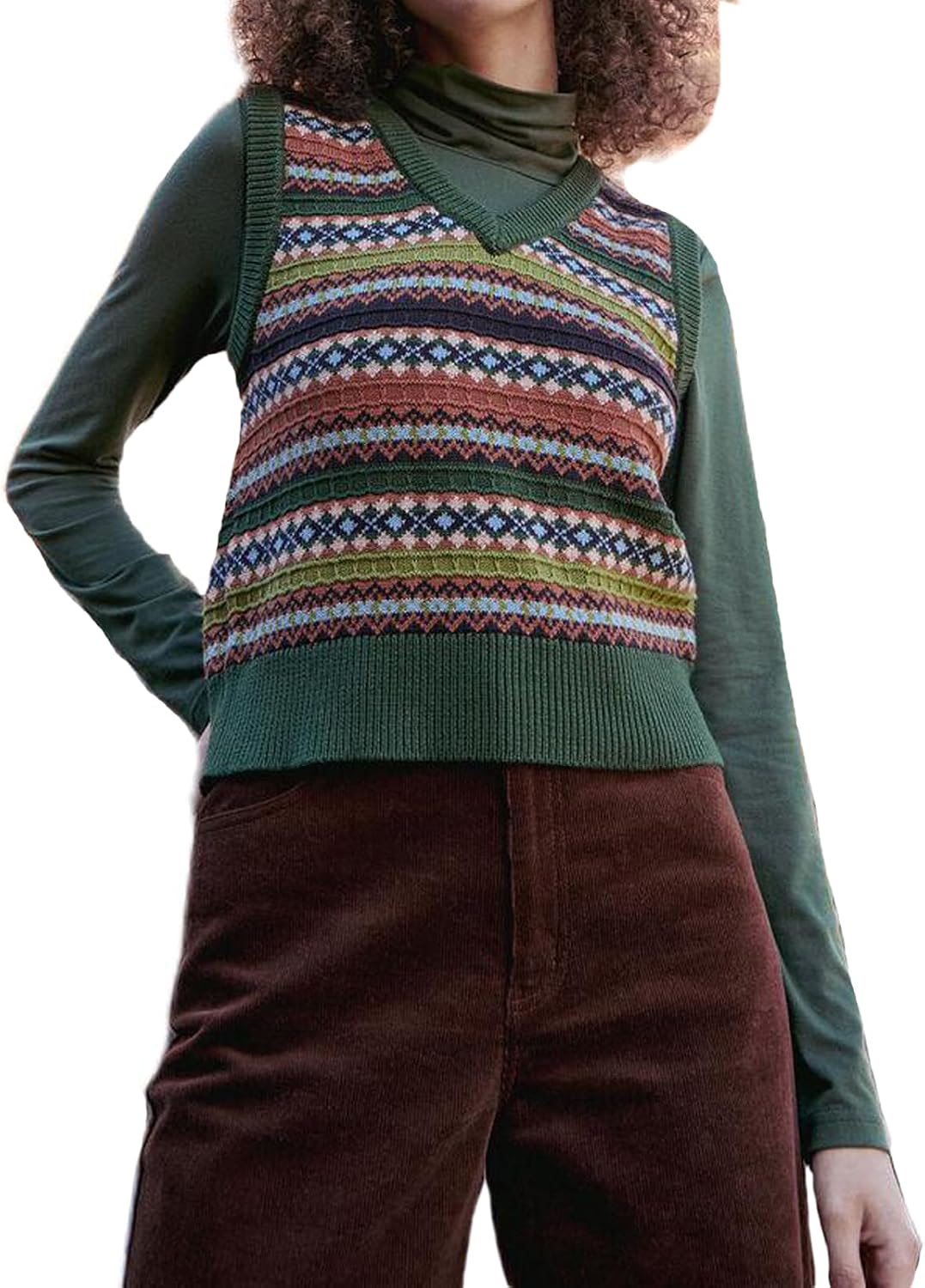Women Vintage Knit Crop Sweater Boho Sleeveless V Neck Colorful Argyle Plaid Pattern Slim Fit Preppy Sweater Vest