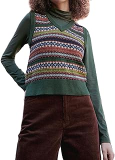 Women Vintage Knit Crop Sweater Boho Sleeveless V Neck Colorful Argyle Plaid Pattern Slim Fit Preppy Sweater Vest