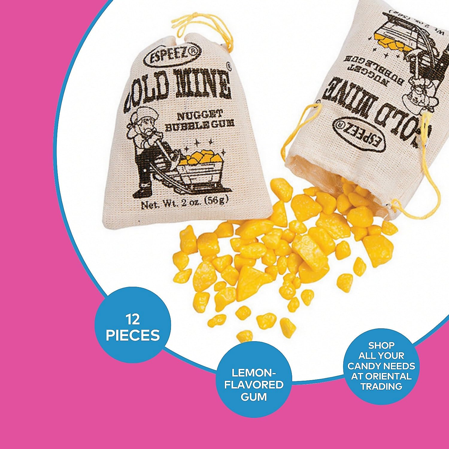 Fun Express Gold Nugget Bubble Gum in Drawstring Bags 12 Pack - Lemon Flavored Vintage Candy Bulk | 90s Nostalgia Gold Candy for Kids Party Favors | Old Time Fun Gum Individually Wrapped Treats