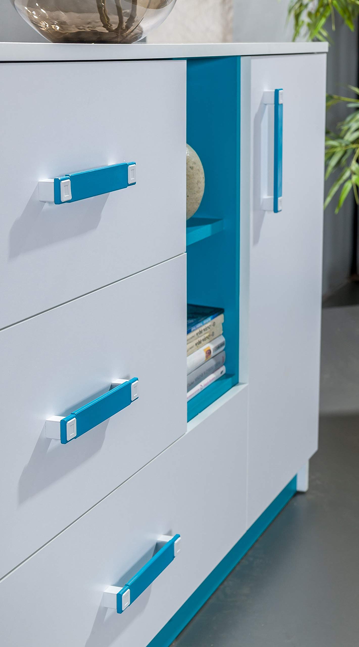 Furniture24 Schrank TRAFIKO 03, Hochschrank mit 3 Türen und Schublade für Jugendzimmer, Kinderzimmer (Weiß/Türkis)